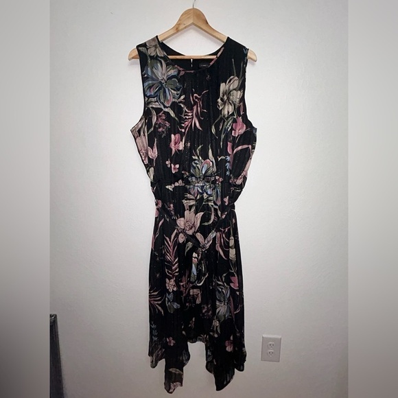 Lane Bryant Black Pink Floral Subtle Metallic Stripes Blouson Midi Dress Sz 24 - Picture 3 of 9